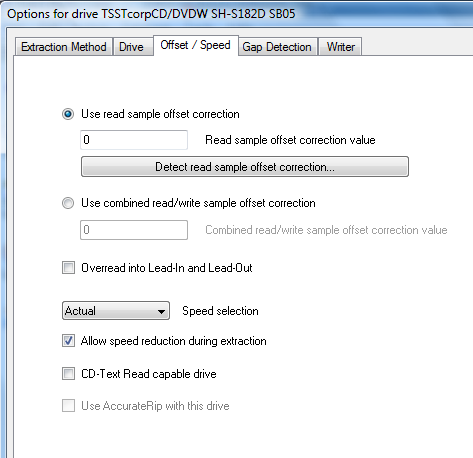 Drive offset settings Drive offset settings